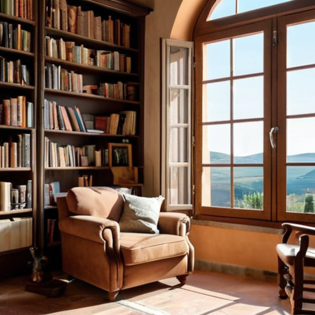 ** A cozy, well-lit corner in a home library in Italy. Bookshelves are filled with classic Italian literature and contemporary novels. A comfortable armchair sits next to a small desk with a laptop. Soft, natural light streams in from a window overlooking a Tuscan landscape. Include elements like a steaming cup of espresso and perhaps a cat curled up on the armchair to emphasize the "angolo di concentrazione" (concentration corner) concept. The overall feel is warm, inviting, and conducive to learning.

**