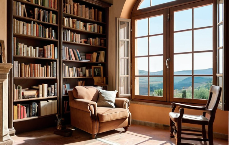 ** A cozy, well-lit corner in a home library in Italy. Bookshelves are filled with classic Italian literature and contemporary novels. A comfortable armchair sits next to a small desk with a laptop. Soft, natural light streams in from a window overlooking a Tuscan landscape. Include elements like a steaming cup of espresso and perhaps a cat curled up on the armchair to emphasize the "angolo di concentrazione" (concentration corner) concept. The overall feel is warm, inviting, and conducive to learning.
**